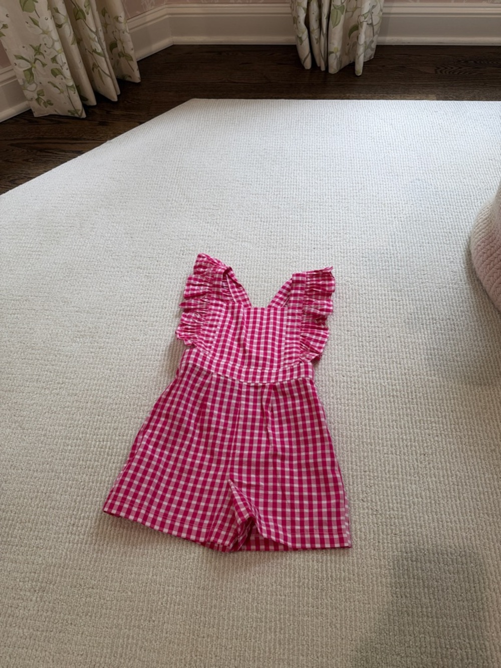 Bella Bliss pink and white gingham ruffle romper size 5